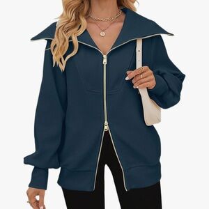 NWT MEROKEETY Long Sleeve Zip Up Sweatshirt Lapel Ribbed Trendy Jacket Pockets